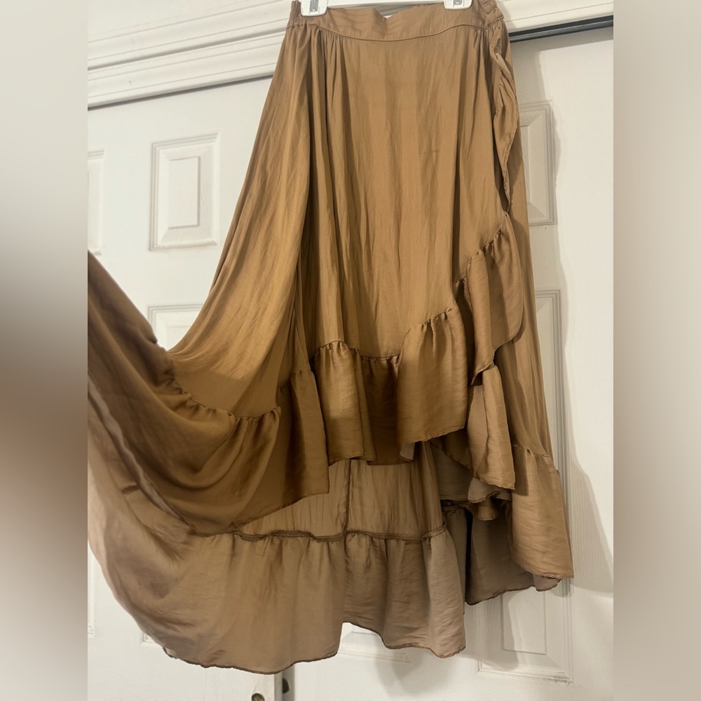 Faux Wrap Ruffle High-Low Satin Midi Skirt